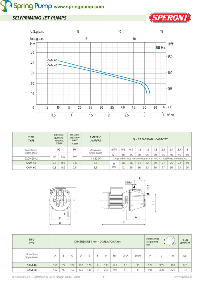 Speroni CAM60 Shallow Well Jet Pump – 4/5HP – 792 GPH – 1″ - Image 3