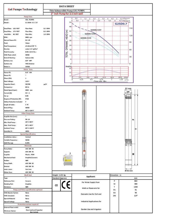 GPT 2″ Thin Submersible Well Pump - 173 Ft - 5.2 GPM - 3 Wire - 0.5HP* - Image 3