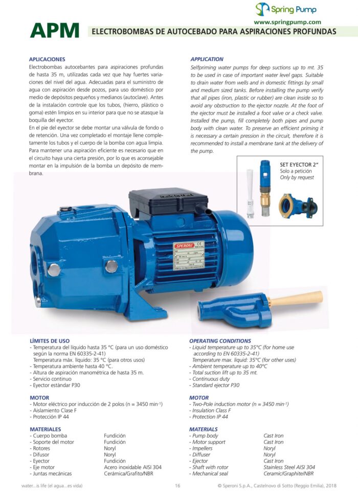 Speroni 1HP Deep Suction Well Jet Self Priming Pump, 110/220V – Model APM 100 (P30) - Image 2
