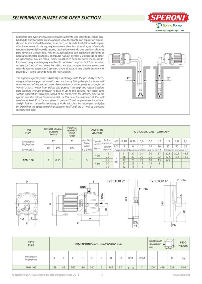 Speroni 1HP Deep Suction Well Jet Self Priming Pump, 110/220V – Model APM 100 (P30) - Image 3